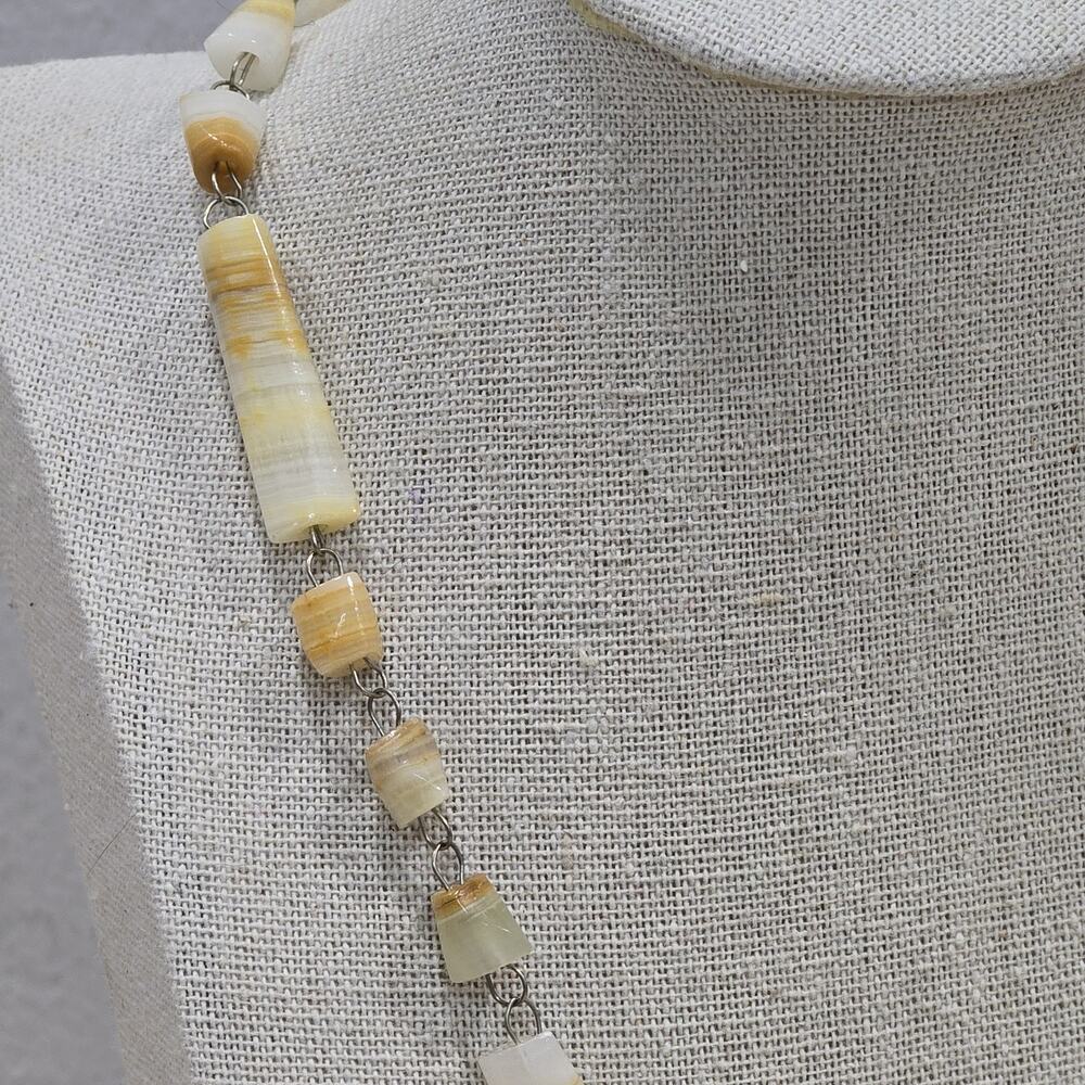 Retro Vintage White Yellow Onyx Mexican Agate Beaded Chain Pendant Necklace - Picture 5 of 12